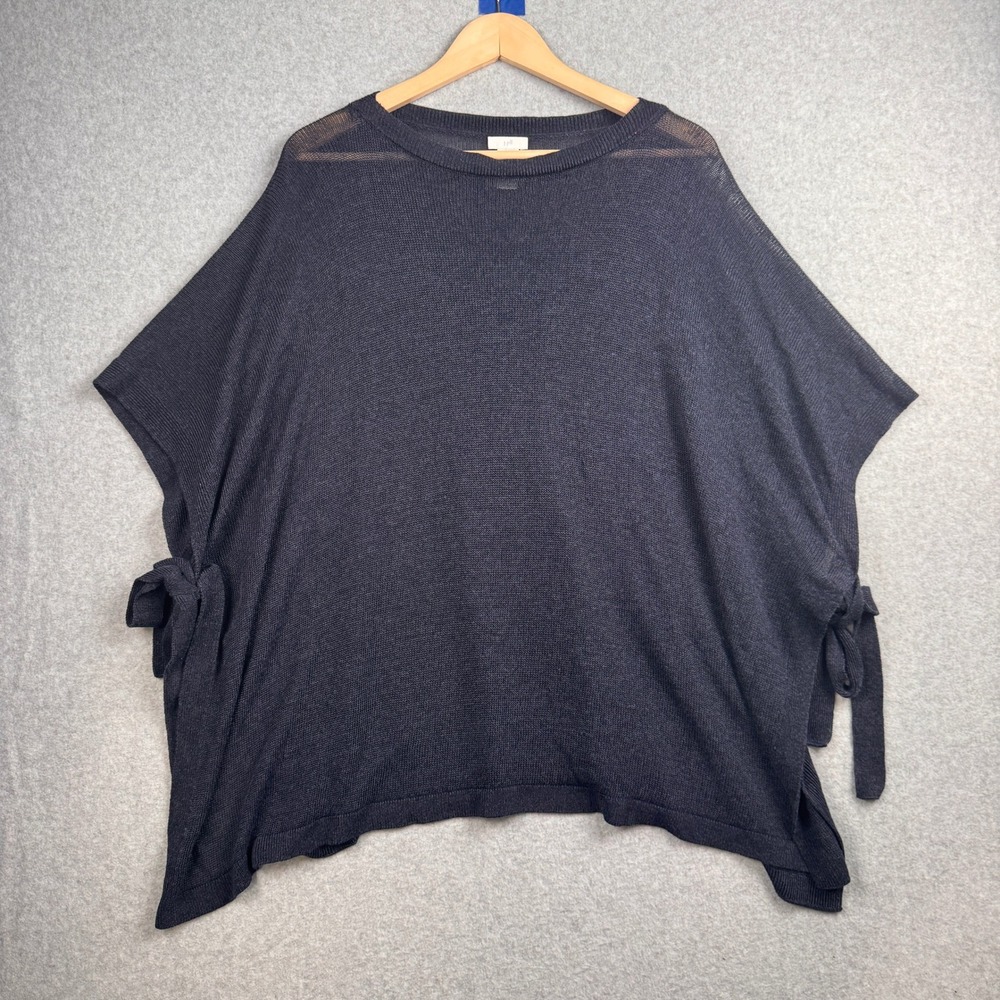 J Jill Poncho Top Womens One Size Navy Blue Linen Blend Side Tie Relaxed Boho